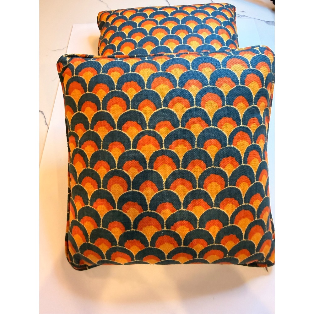 Set of 2 Retro 70s Style Geometric Throw Pillows Orange Teal Mid Century Decor